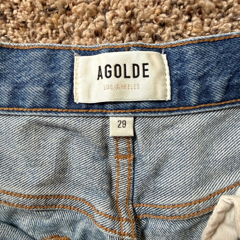 AGOLDE Parker Long Medium Blue Frayed Hem Denim Shorts